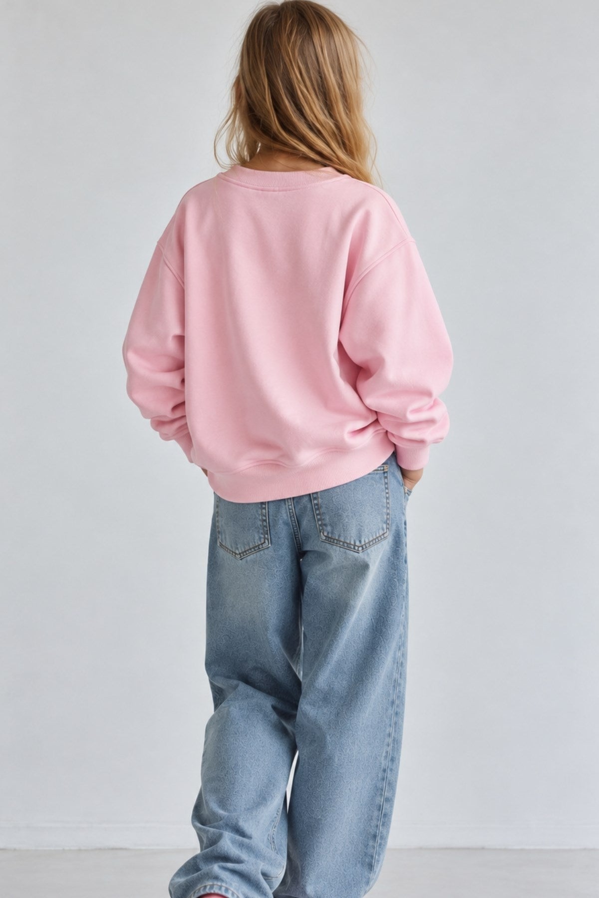 Kız Çocuk Oversize Sweatshirt Basic Pembe – Bisiklet yaka, 3 iplik şardonlu polar