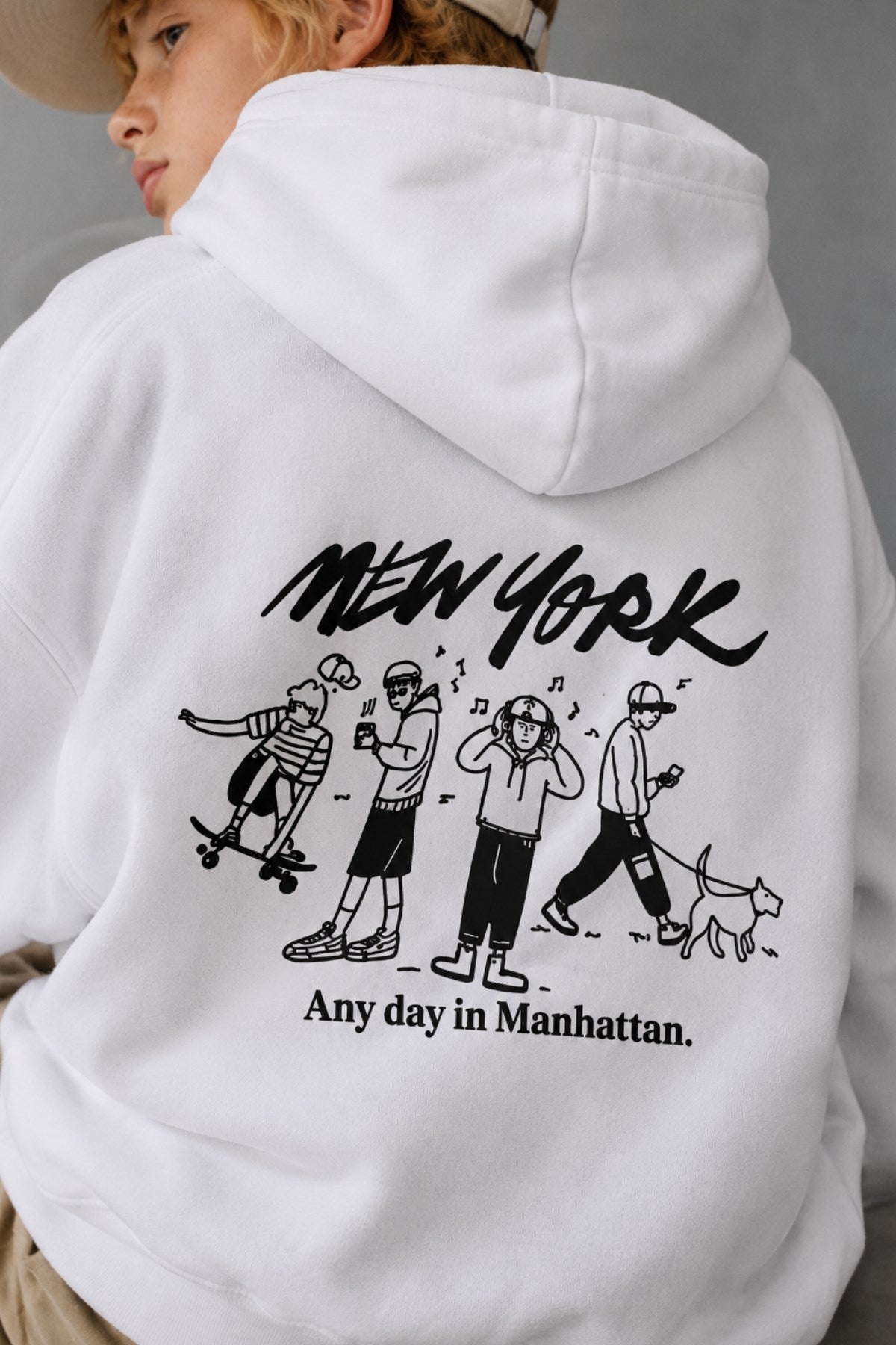 Erkek Çocuk Oversize Hoodie Sweatshirt DAY IN NYC Baskılı Beyaz – Kapüşonlu, Cepli, 3 İplik Polar