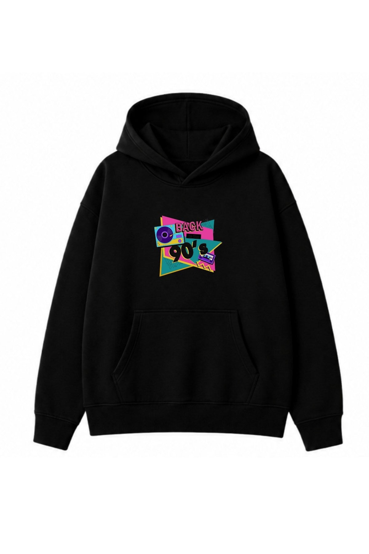 Kadın Oversize Hoodie Back To The 90’s Baskılı Siyah - Kapüşonlu, Kanguru Cepli, 3 İplik Polar