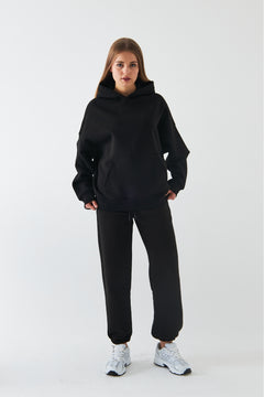 Oversize Unisex Eşofman Takımı Siyah – Basic, 3 İplik Şardonlu Polar; Kapüşonlu Üst, Lastikli Alt