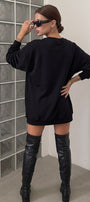 Kadın Oversize Sweatshirt Elbise Dangerous Chick Baskılı Siyah – Uzun Boy, 3 İplik Şardonlu Polar