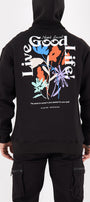 Arka Baskı Detaylı Live Good Life Yazılı Kapüşonlu Bağcıklı Fermuar Kapamalı Oversize Sweatshirt