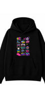 Kadın Oversize Hoodie Sweatshirt 90s Pop Patch Baskılı Siyah – Kapüşonlu, Kanguru Cepli, 3 İplik