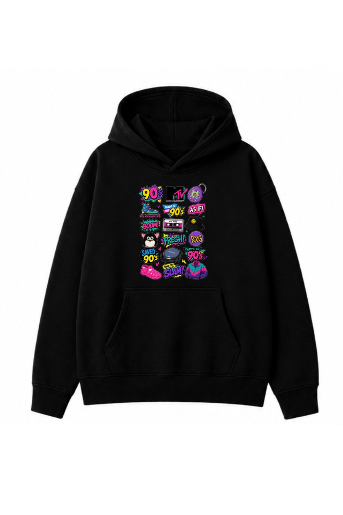 Kadın Oversize Hoodie Sweatshirt 90s Pop Patch Baskılı Siyah – Kapüşonlu, Kanguru Cepli, 3 İplik