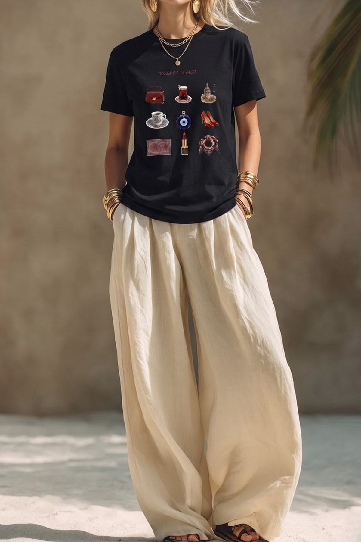Kadın Oversize Tişört Turkish Girl Wishlist Baskılı Siyah – Bisiklet Yaka, Rahat Kalıp, %100 Pamuk