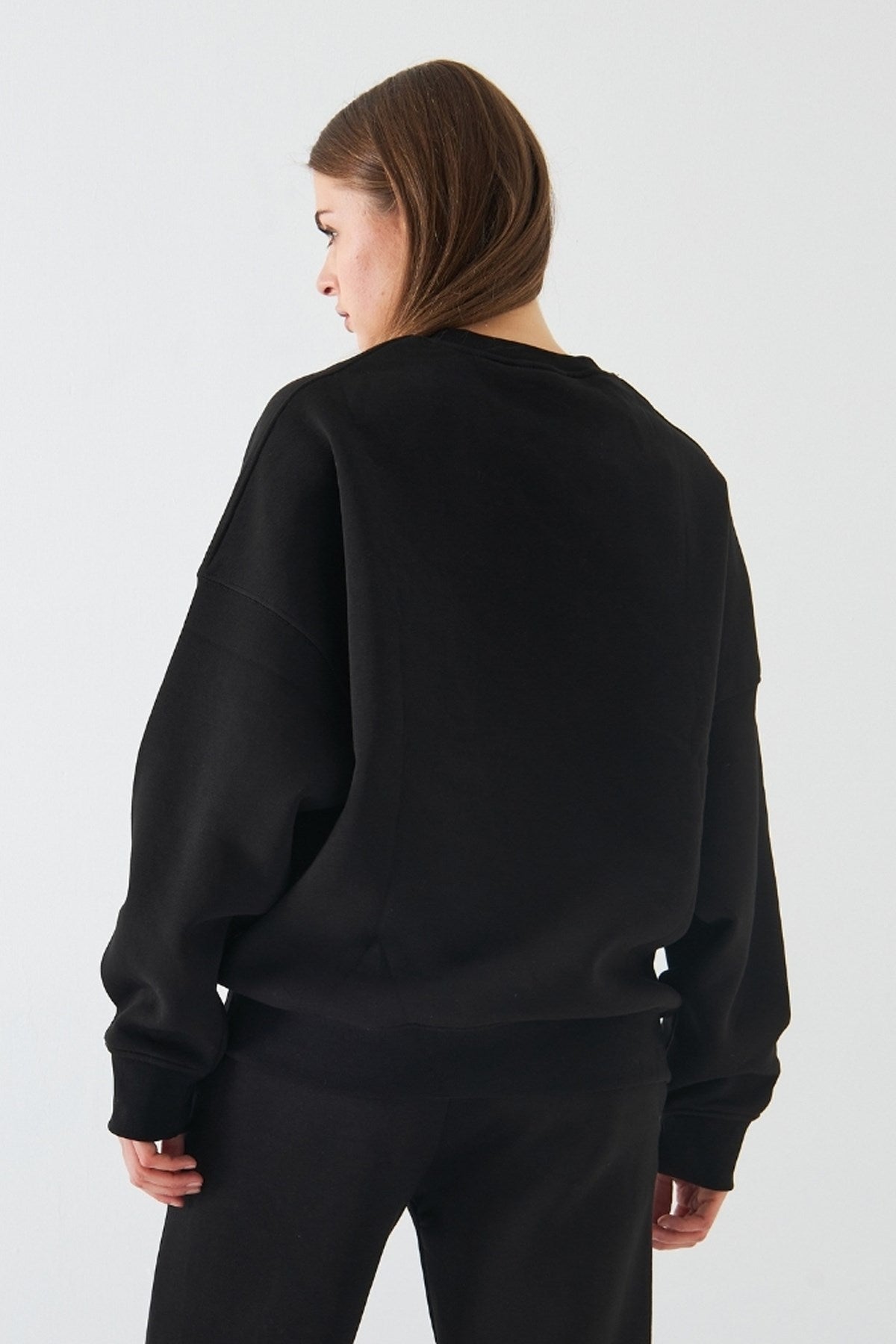 Kadın Oversize Sweatshirt Sun & Moon Baskılı Siyah – Bisiklet Yaka, 3 İplik Şardonlu Polar