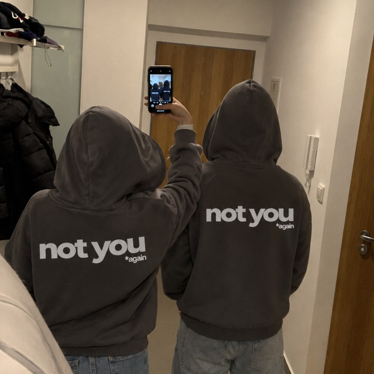 Unisex Oversize Hoodie Not You Again Baskılı Füme – Kapüşonlu, Kanguru Cepli, 3 İplik Şardonlu 