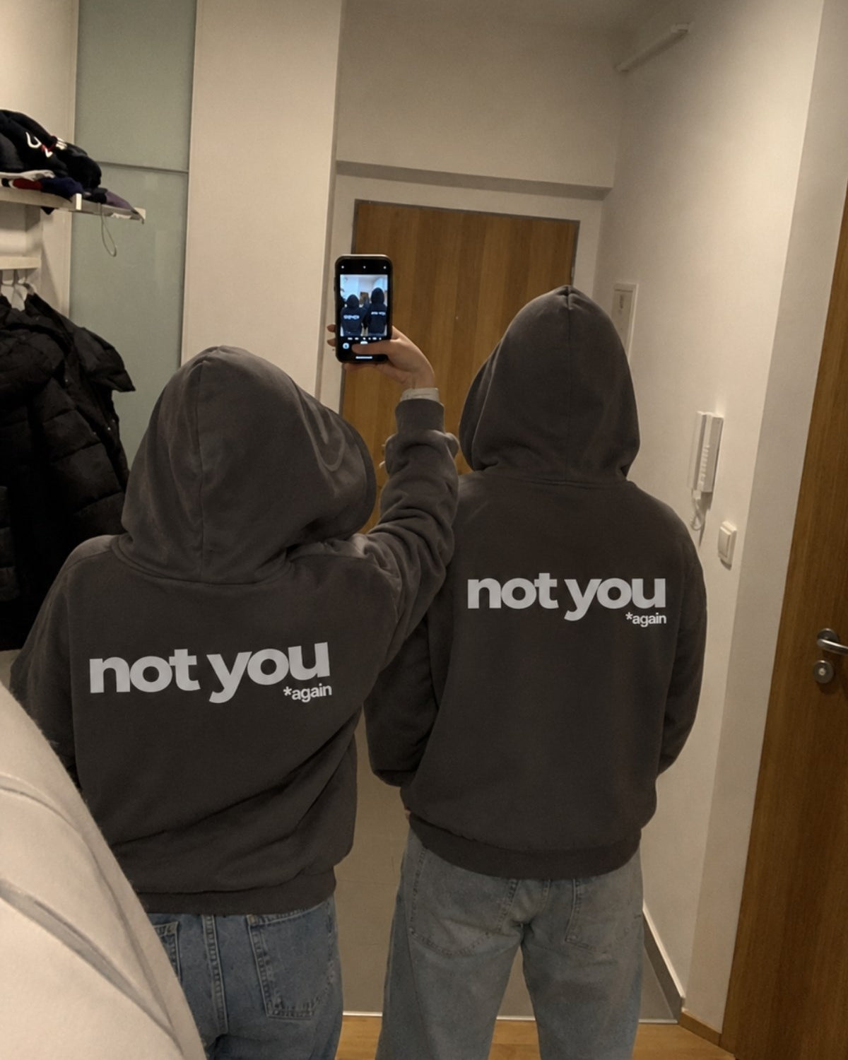 Unisex Oversize Hoodie Not You Again Baskılı Füme – Kapüşonlu, Kanguru Cepli, 3 İplik Şardonlu 