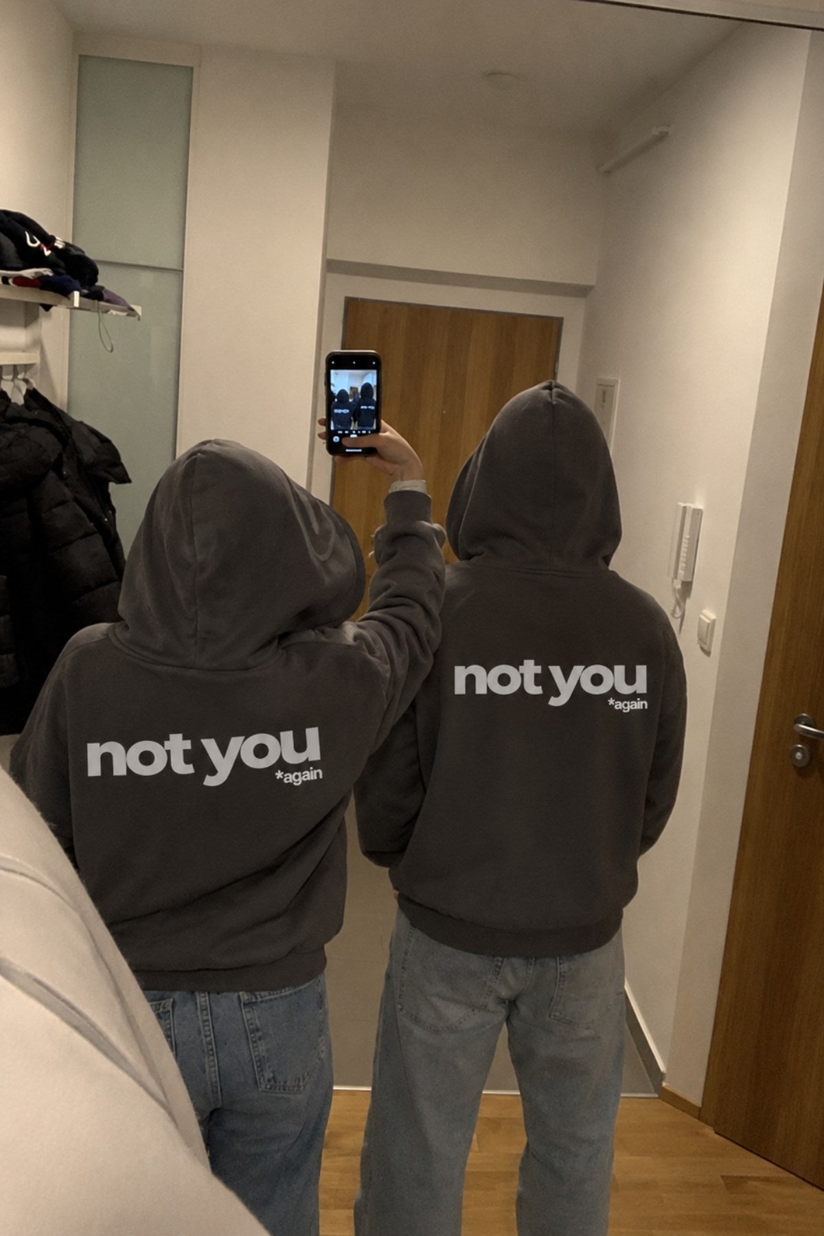 Unisex Oversize Hoodie Not You Again Baskılı Füme – Kapüşonlu, Kanguru Cepli, 3 İplik Şardonlu 