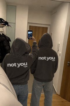 Unisex Oversize Hoodie Not You Again Baskılı Füme – Kapüşonlu, Kanguru Cepli, 3 İplik Şardonlu