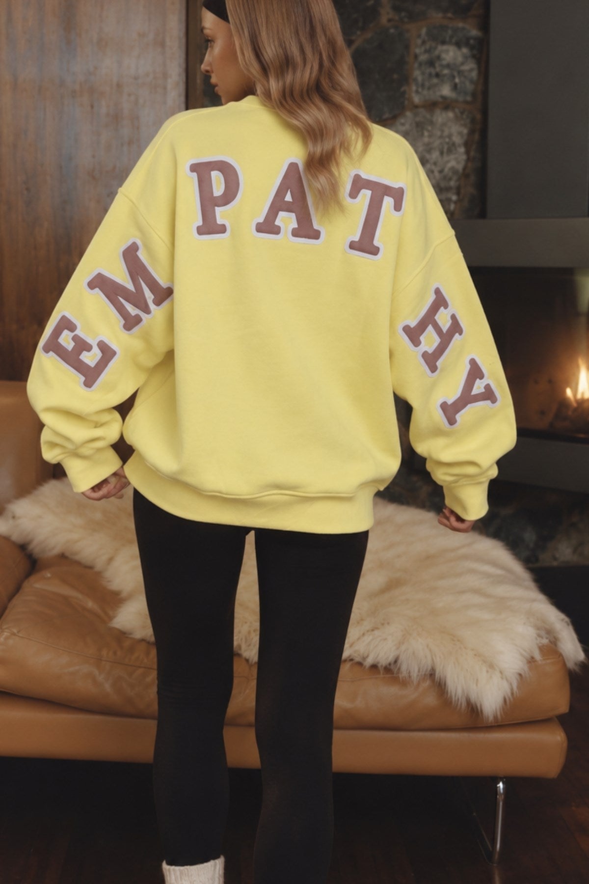 Kadın Oversize Sweatshirt Empathy 3D Baskılı Sarı – Bisiklet Yaka, 3 İplik Şardonlu Polar