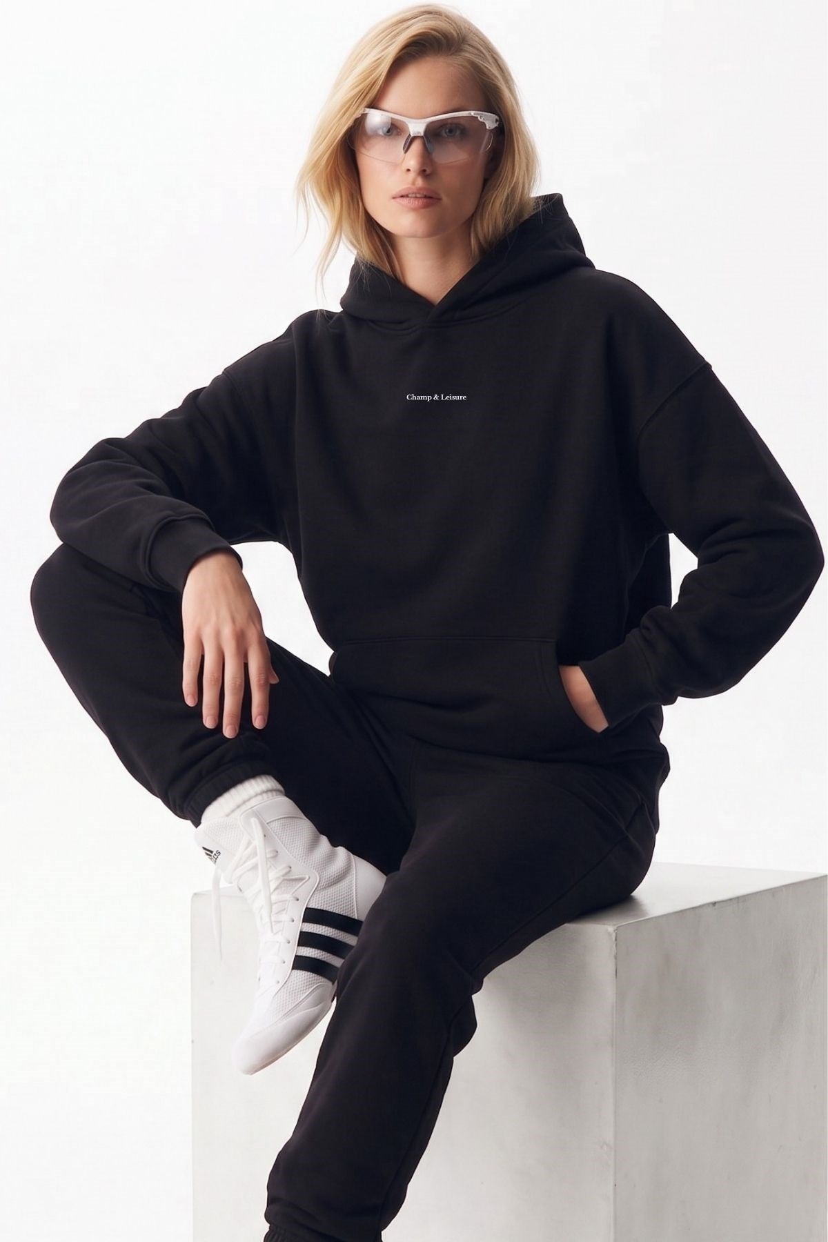 Unisex Oversize Eşofman Takımı Champ & Leisure Baskılı Siyah–3 İplik Polar, Kapüşonlu Üst, Lastikli Alt