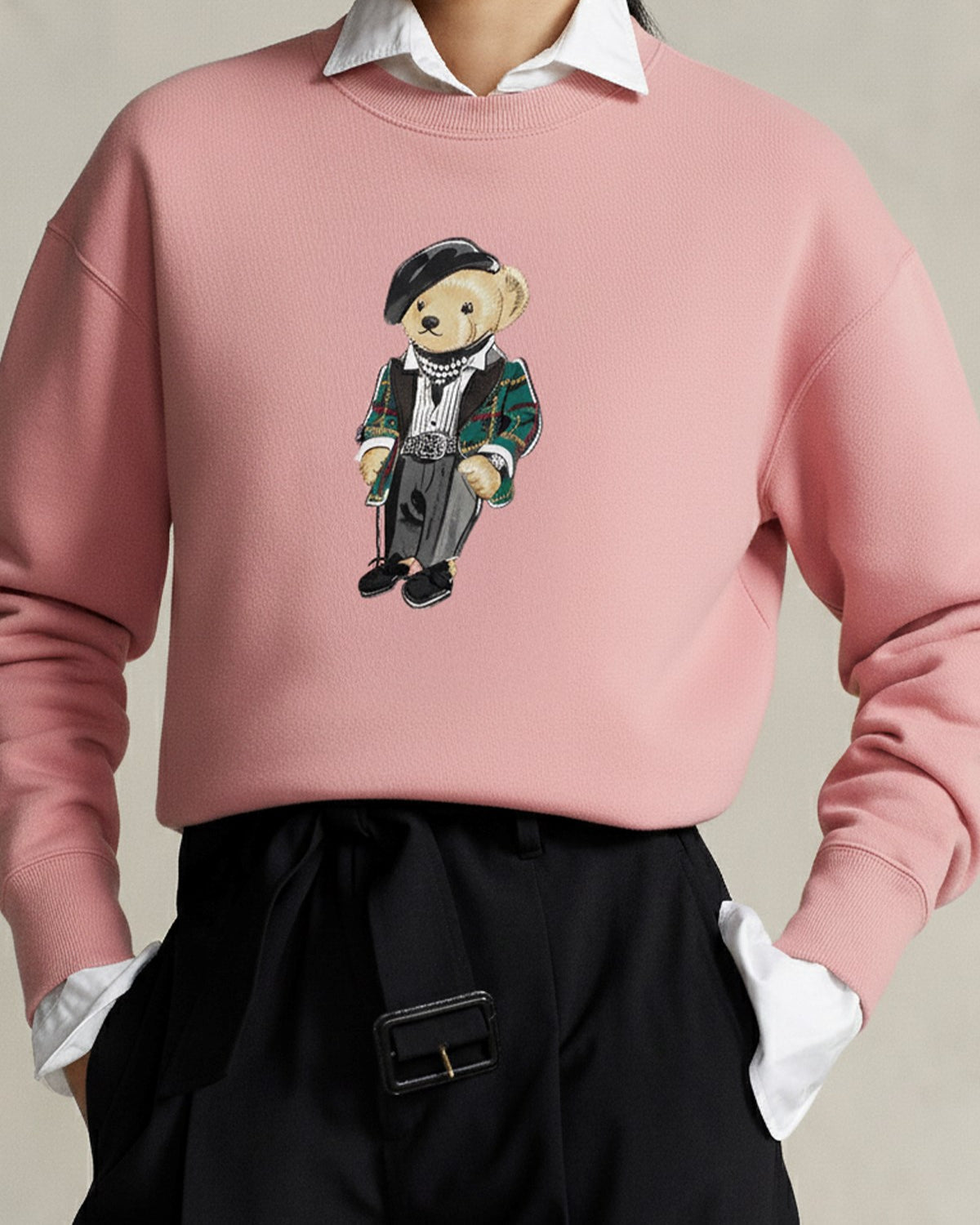 Kadın Oversize Sweatshirt Parisian Bear Baskılı Pembe – Bisiklet Yaka, 3 İplik Şardonlu 