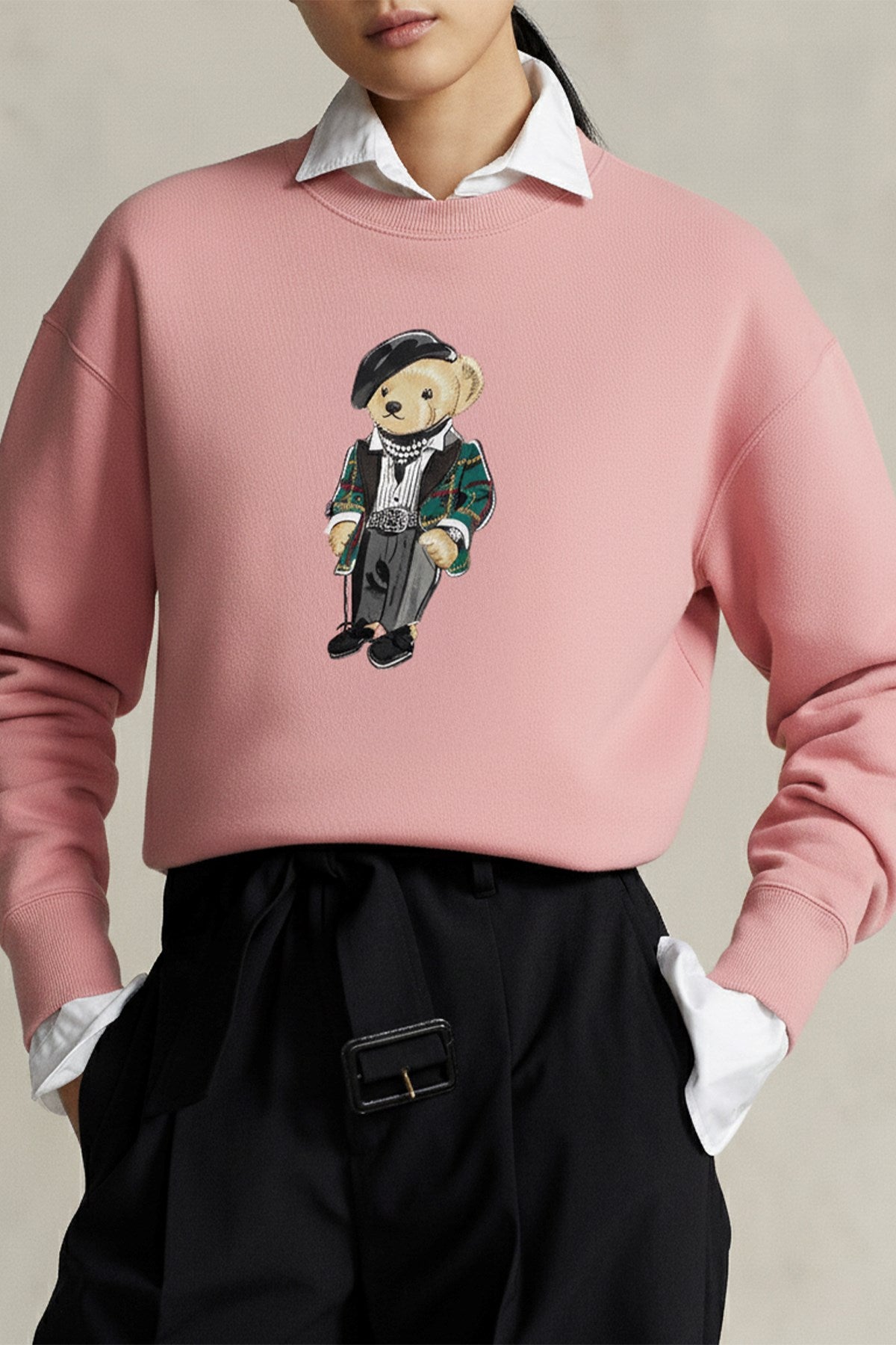 Kadın Oversize Sweatshirt Parisian Bear Baskılı Pembe – Bisiklet Yaka, 3 İplik Şardonlu 