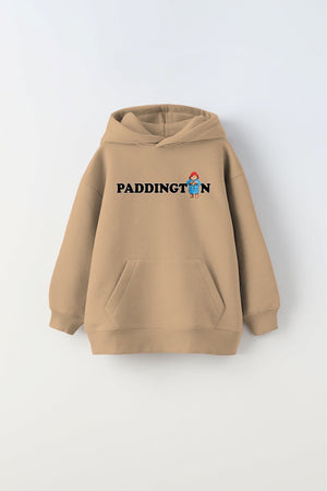 Kapüşonlu İçi Polar Paddington Yazılı Ayı Figür Baskılı Bej Unisex Çocuk Hoodie Sweatshirt