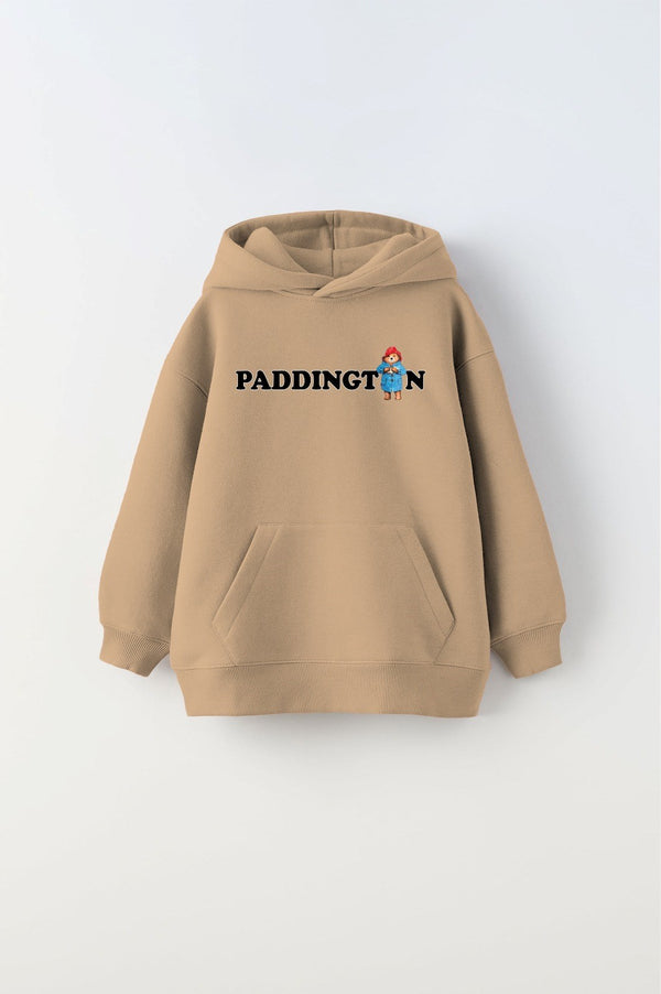 Kapüşonlu İçi Polar Paddington Yazılı Ayı Figür Baskılı Bej Unisex Çocuk Hoodie Sweatshirt