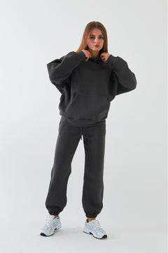 Oversize Unisex Eşofman Takımı Füme – Basic, 3 İplik Şardonlu Polar; Kapüşonlu Üst, Lastikli Alt