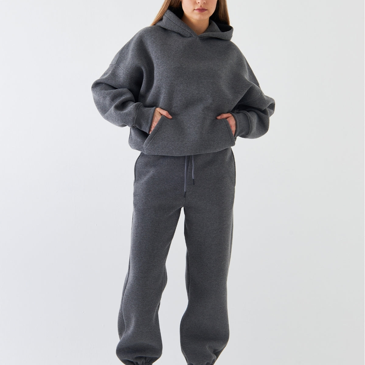 Oversize Unisex Eşofman Takımı Füme Melanj – Basic, 3 İplik Polar; Kapüşonlu Üst, Lastikli Alt