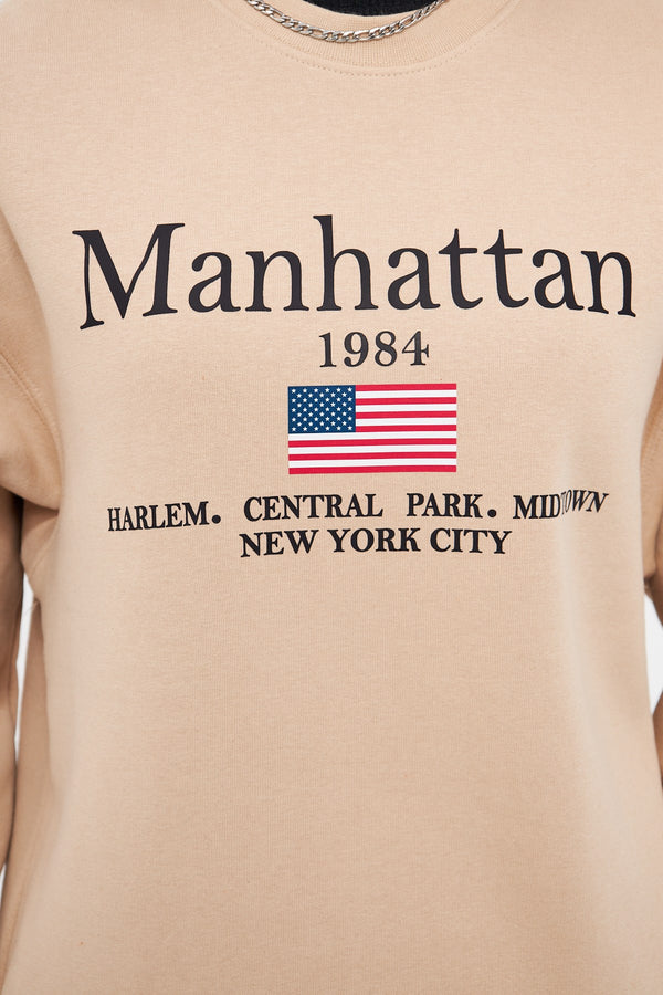 Bisiklet Yaka İçi Polar Manhattan 1984 Yazı Baskılı Bej Oversize Sweatshirt