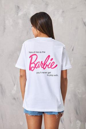 The Champ Barbie Tasarım Baskılı Oversize Beyaz Kadın T-Shirt