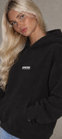 Kadın Oversize Hoodie Amore Baskılı Siyah – Kapüşonlu, Kanguru Cepli, 3 İplik Şardonlu Polar