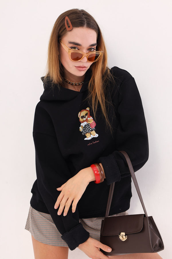 Siyah Kapüşonlu Puantiyeli Ayıcık Baskılı Oversize Unisex Sweatshirt