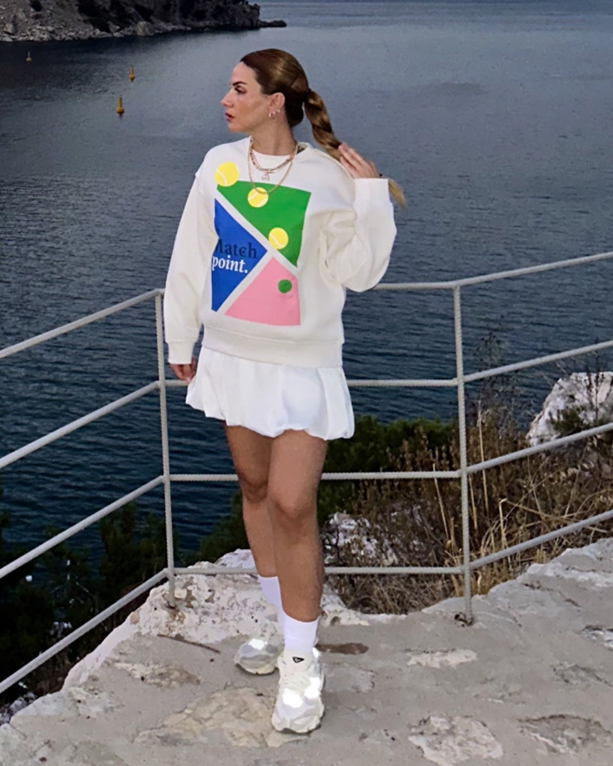 Unisex Oversize Sweatshirt Match Point baskılı Beyaz – Bisiklet yaka, 3 iplik şardonlu polar