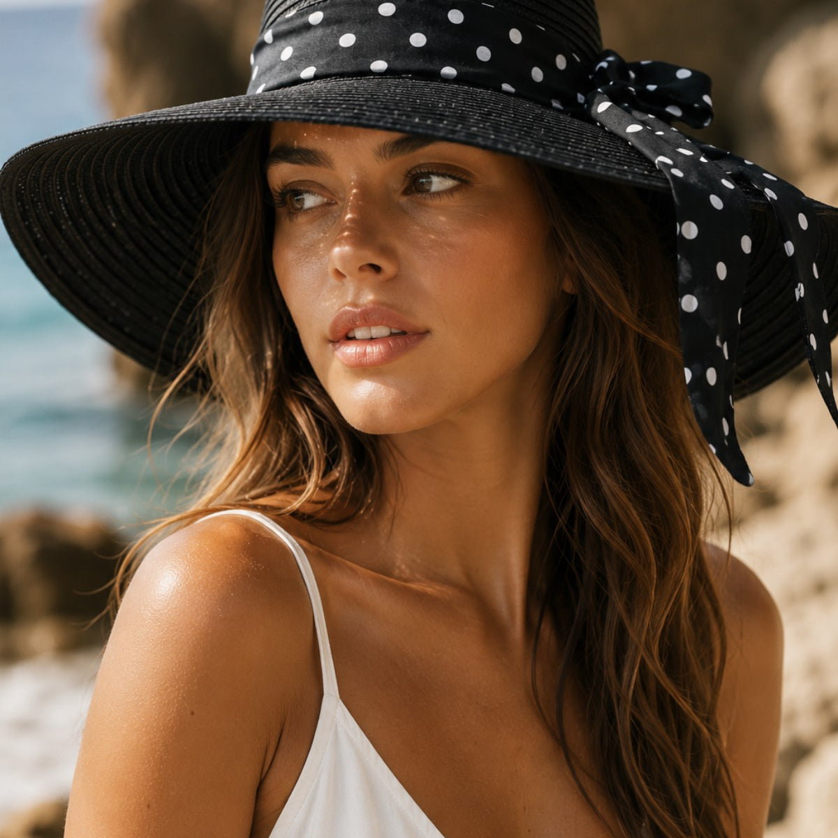 Kadın Polka Riviera Geniş Kenarlı Hasır Şapka Siyah – Puantiyeli Bağlama Detaylı Yazlık Model
