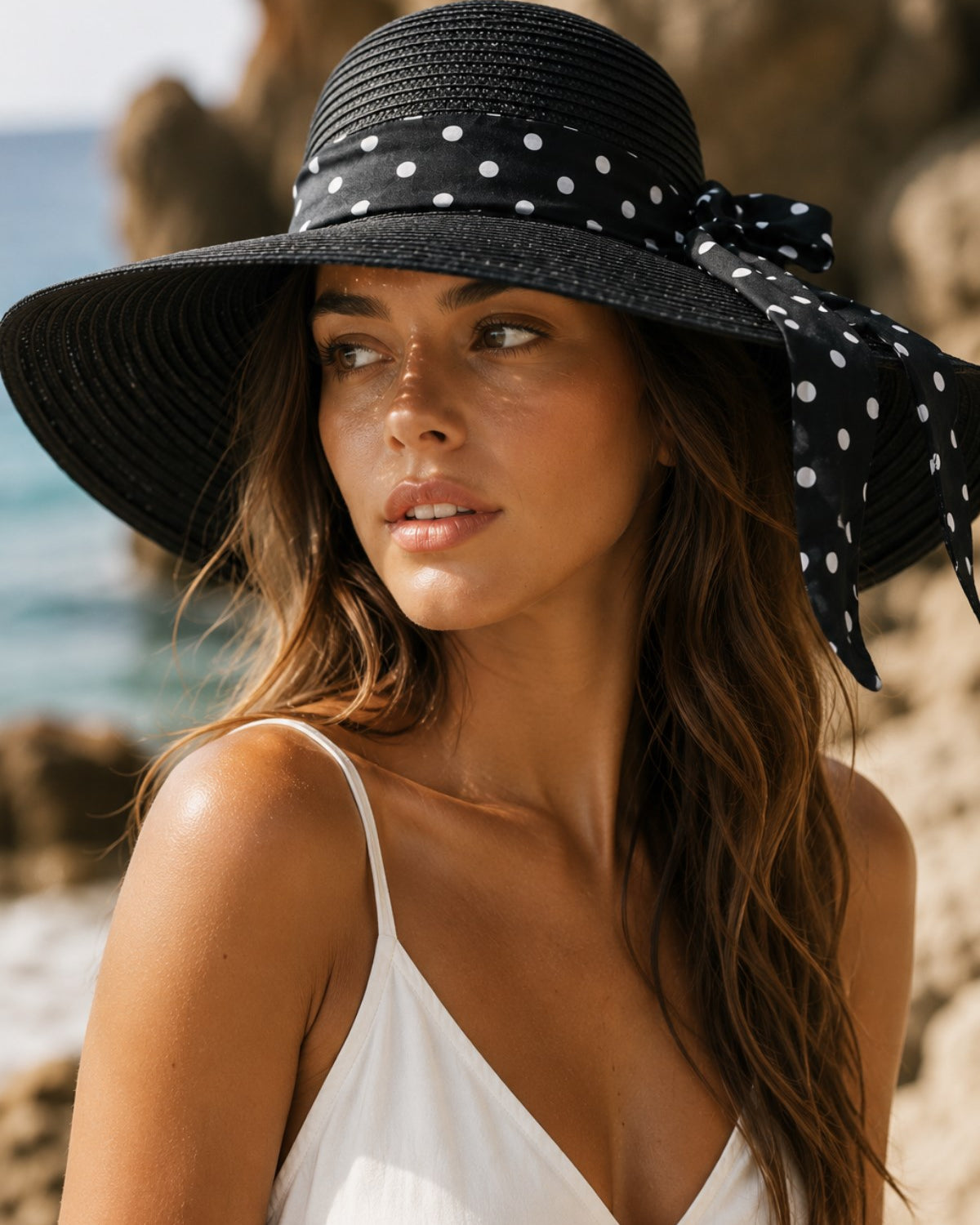 Kadın Polka Riviera Geniş Kenarlı Hasır Şapka Siyah – Puantiyeli Bağlama Detaylı Yazlık Model