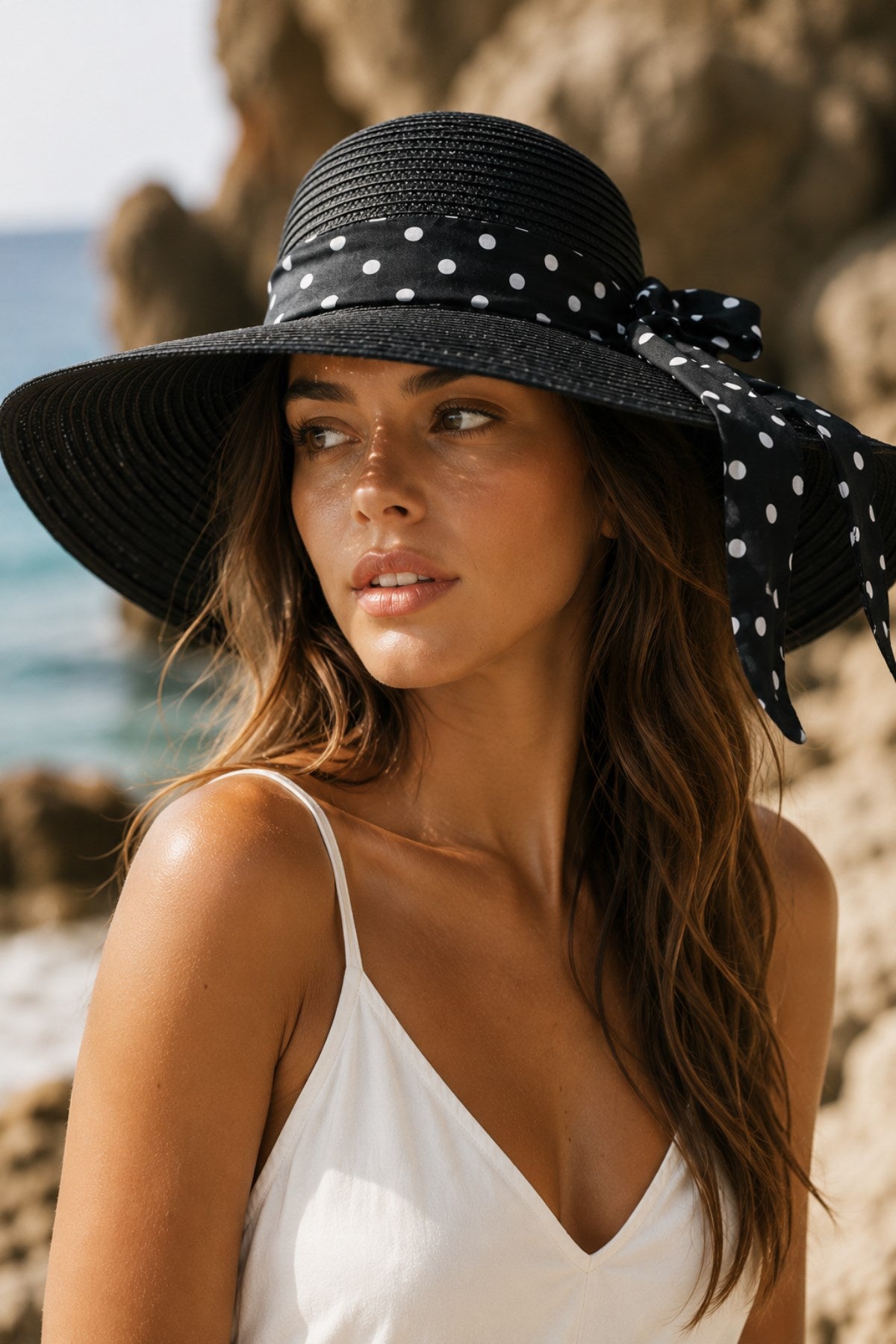 Kadın Polka Riviera Geniş Kenarlı Hasır Şapka Siyah – Puantiyeli Bağlama Detaylı Yazlık Model
