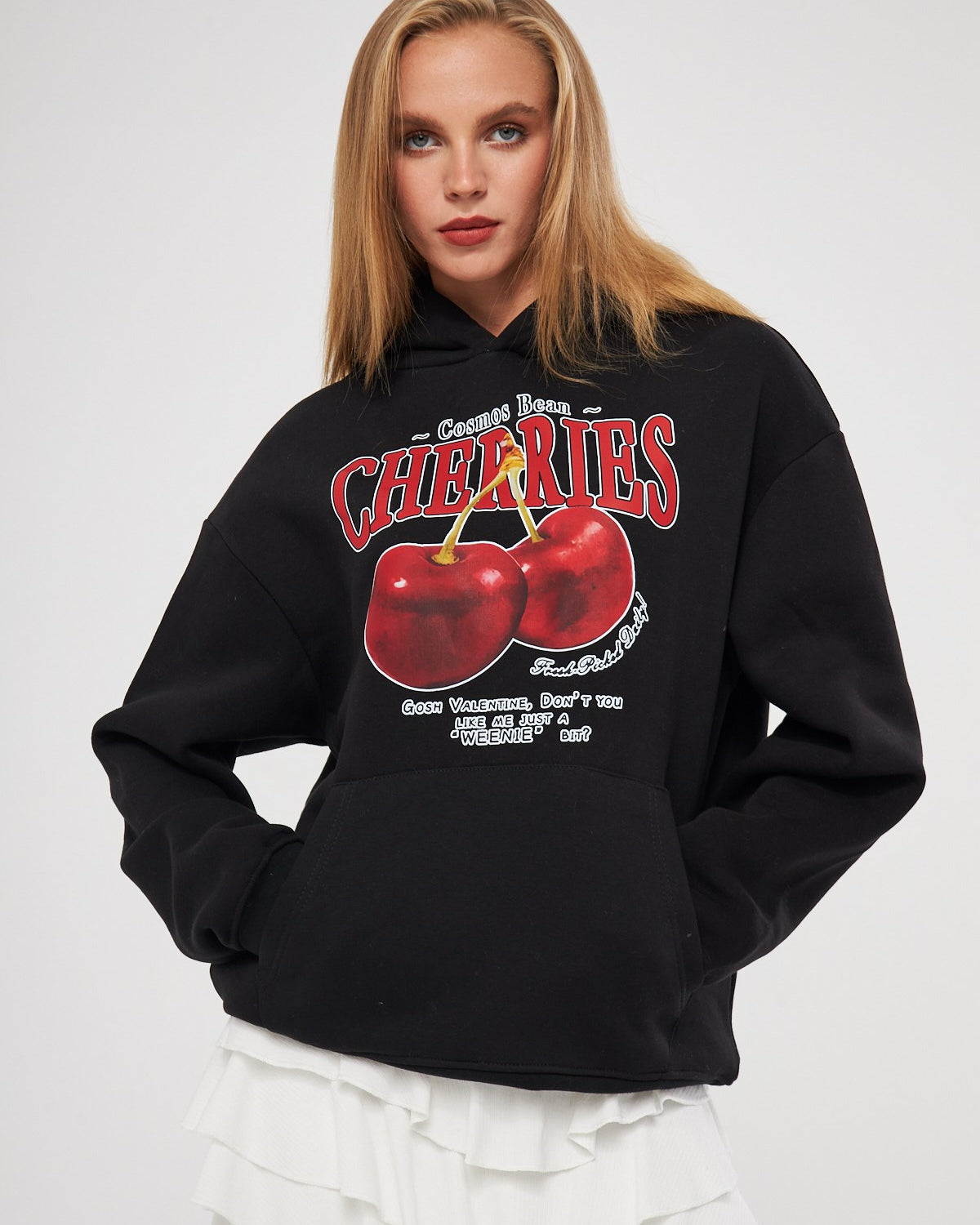 Kapüşonlu İçi Polar Cherries Yazılı Kiraz Baskılı Siyah Oversize Hoodie Sweatshirt