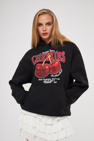 Kapüşonlu İçi Polar Cherries Yazılı Kiraz Baskılı Siyah Oversize Hoodie Sweatshirt