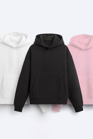 3'lü Paket Kapüşonlu İçi Polar Oversize Hoodie Sweatshirt/ Siyah-Beyaz-Pembe