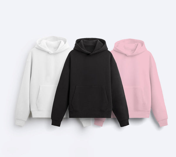 3'lü Paket Kapüşonlu İçi Polar Oversize Hoodie Sweatshirt/ Siyah-Beyaz-Pembe