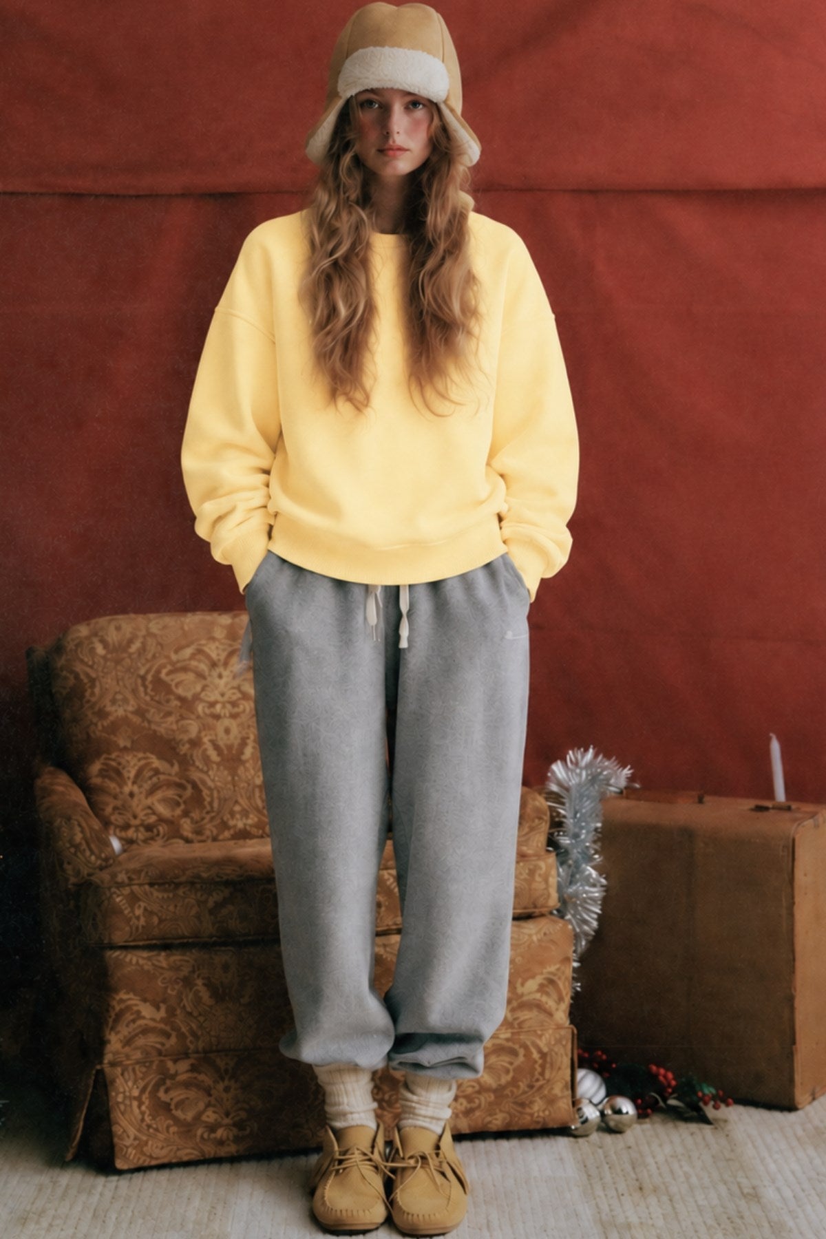 Kadın Oversize Sweatshirt Wellness Baskılı Sarı – Bisiklet Yaka, 3 İplik Şardonlu Polar, Düşük Omuz