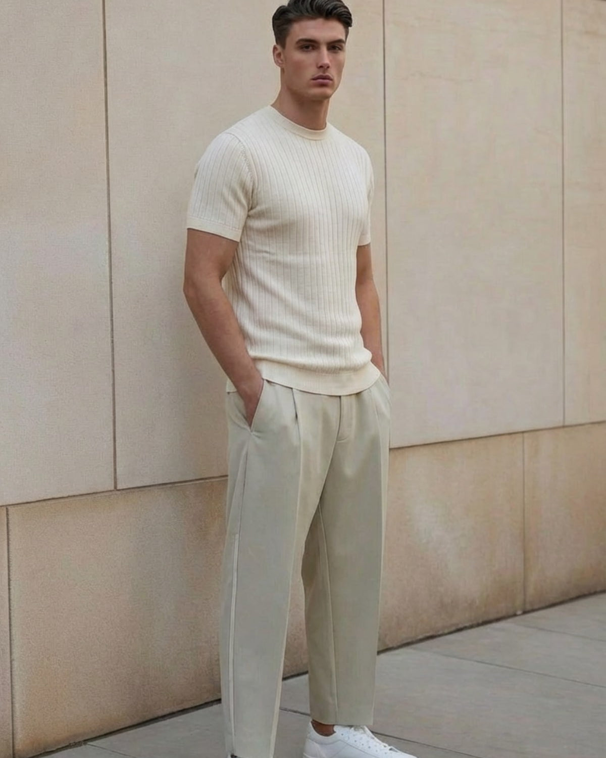 Erkek Dokulu Fitilli Triko Tişört Beyaz - Bisiklet Yaka, Fit, Yazlık, Örme