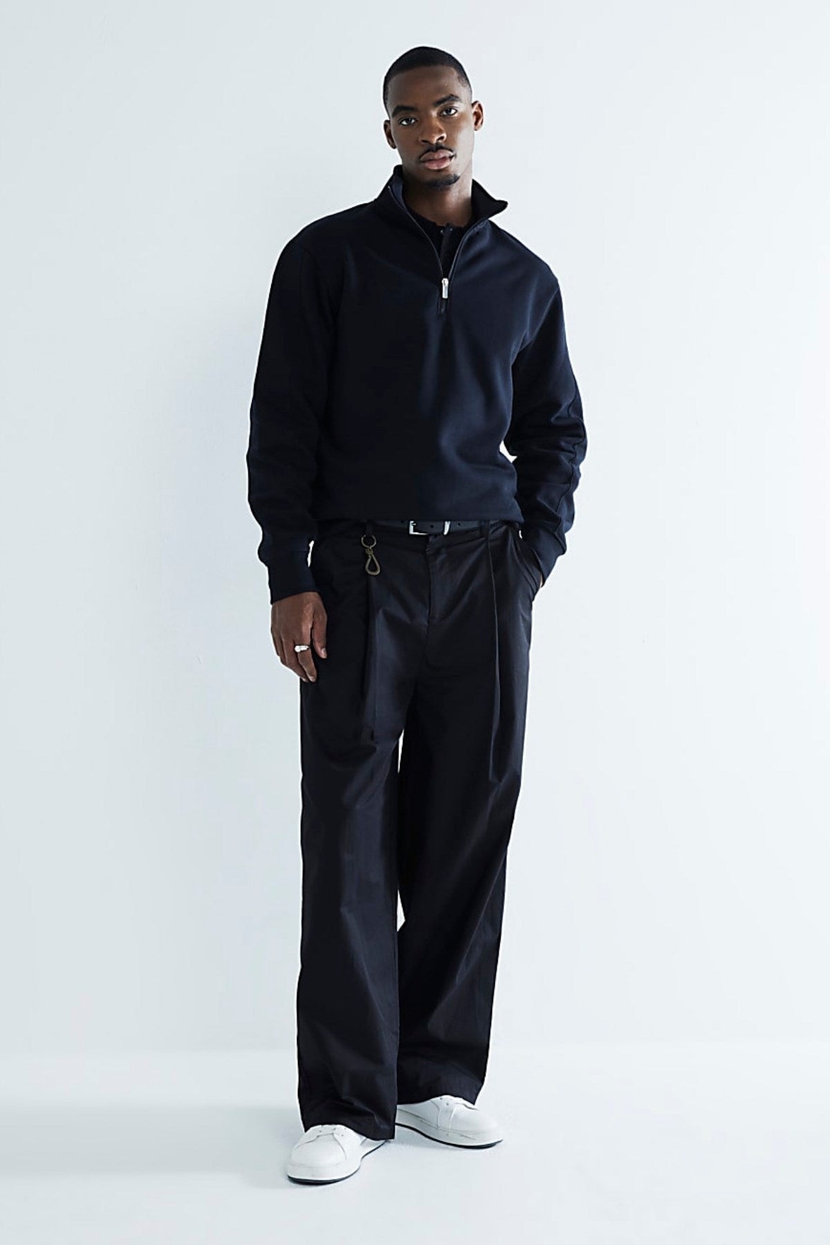 Erkek Lacivert Yarım Fermuarlı Sweatshirt 3 İplik Şardonlu Oversize Kesim