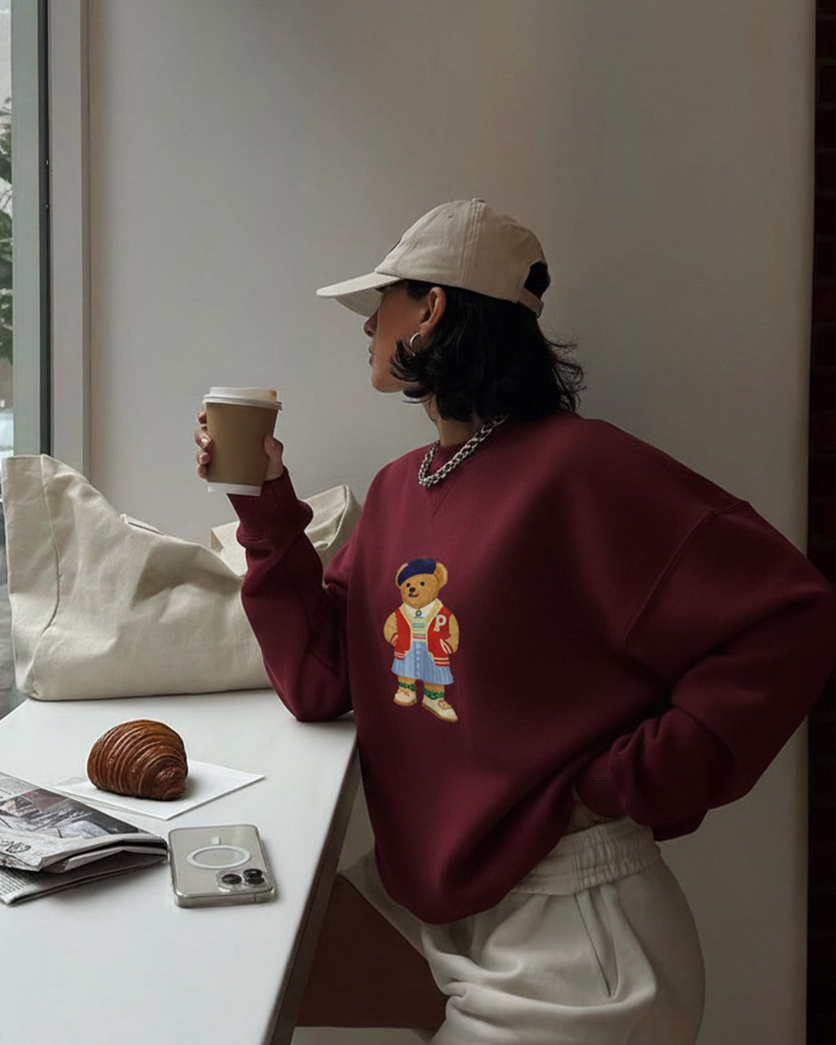 Kadın Oversize Sweatshirt Campus Bear Baskılı Bordo – Bisiklet Yaka, 3 İplik Şardonlu Polar