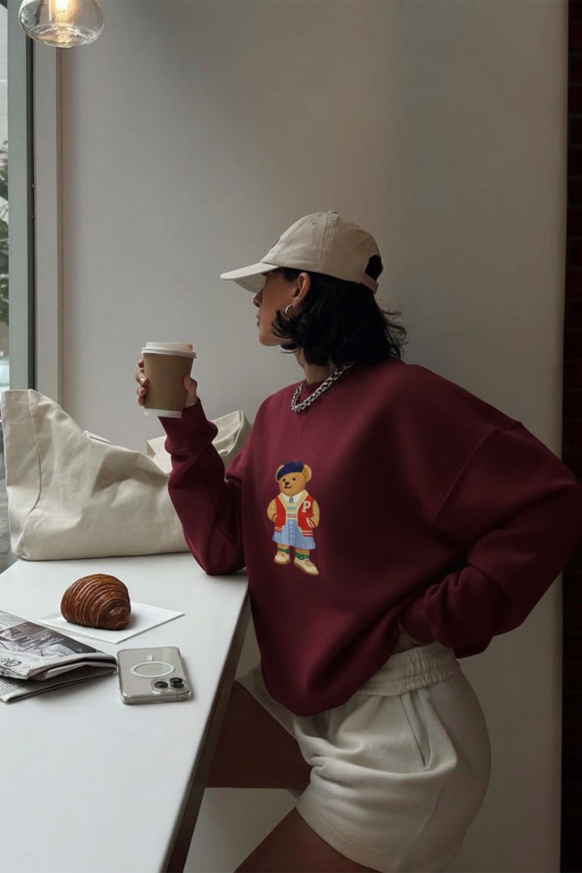 Kadın Oversize Sweatshirt Campus Bear Baskılı Bordo – Bisiklet Yaka, 3 İplik Şardonlu Polar