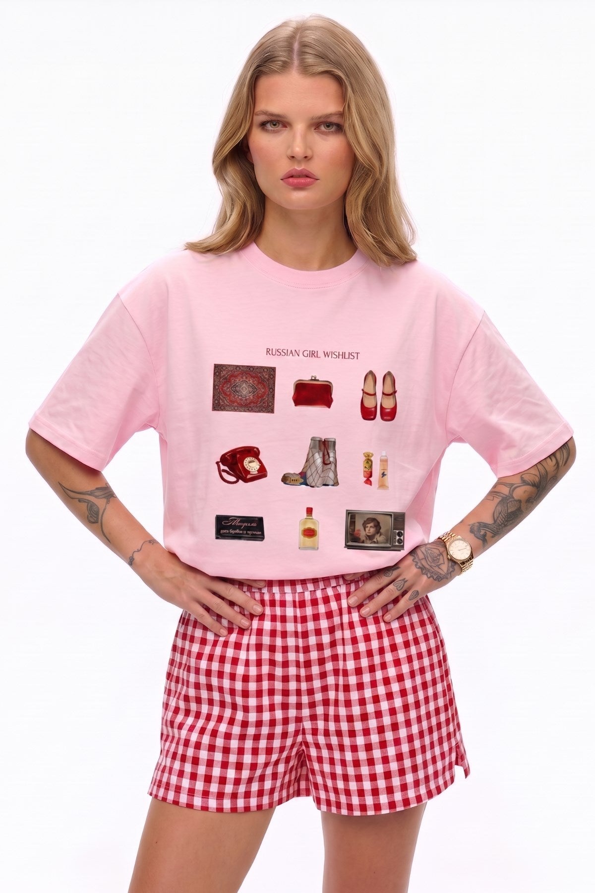 Kadın Oversize Tişört Russian Girl Wishlist Baskılı Pembe – Bisiklet Yaka, Rahat Kalıp, %100 Pamuk