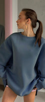 Kadın Oversize Sweatshirt Elbise Basic Marine – Bisiklet Yaka, 3 İplik Şardonlu Polar