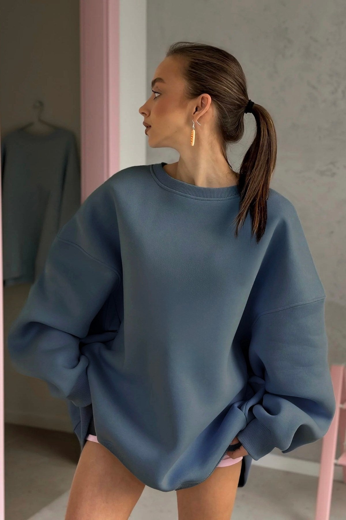 Kadın Oversize Sweatshirt Elbise Basic Marine – Bisiklet Yaka, 3 İplik Şardonlu Polar