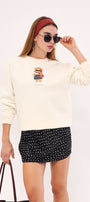 Beyaz Bisiklet Yaka Puantiyeli Ayıcık Baskılı Oversize Unisex Sweatshirt