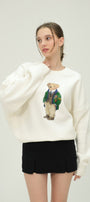 Kadın Ekru Teddy Ayıcık Baskılı 3 İplik Şardonlu Sweatshirt – Bisiklet Yaka, Rahat Kalıp