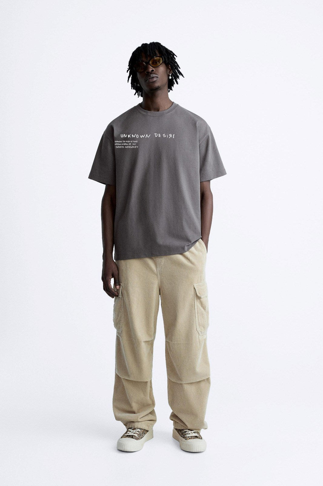 Bisiklet Yaka Unknown Desire Baskılı Oversize Füme Erkek T-shirt