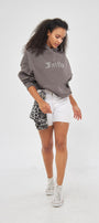 Faith Yazılı Taş Baskılı Kapüşonlu İçi Polar Oversize Füme Sweatshirt