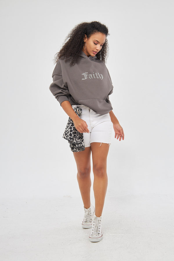 Faith Yazılı Taş Baskılı Kapüşonlu İçi Polar Oversize Füme Sweatshirt