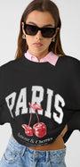 Bisiklet Yaka İçi Polar Paris Yazılı Kiraz Baskılı Siyah Oversize Sweatshirt