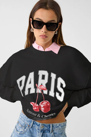 Bisiklet Yaka İçi Polar Paris Yazılı Kiraz Baskılı Siyah Oversize Sweatshirt