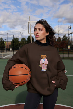 Kadın Oversize Sweatshirt Pink Suit Bear Baskılı Kahverengi – Bisiklet Yaka, 3 İplik Şardonlu Polar